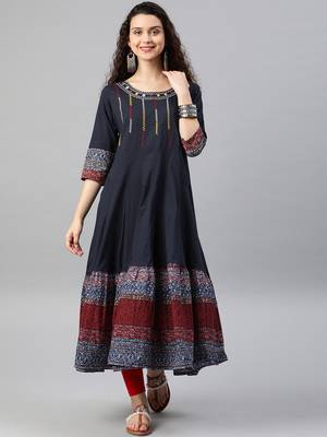 Women'S Cotton Embroidered Anarkali Kurta (Blue) 1