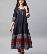 Women'S Cotton Embroidered Anarkali Kurta (Blue)