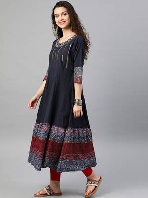 Women'S Cotton Embroidered Anarkali Kurta (Blue) 2