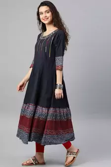 Women'S Cotton Embroidered Anarkali Kurta (Blue)
