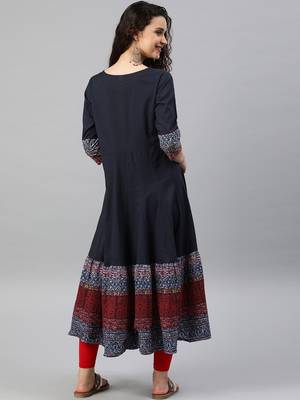 Women'S Cotton Embroidered Anarkali Kurta (Blue) 3