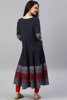 Women'S Cotton Embroidered Anarkali Kurta (Blue)