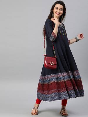 Women'S Cotton Embroidered Anarkali Kurta (Blue) 4