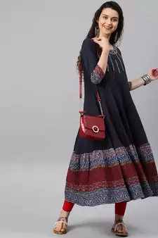 Women'S Cotton Embroidered Anarkali Kurta (Blue)
