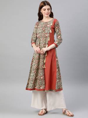 Women's Cotton A-Line Kalamkari Print Kurta (Red) 1