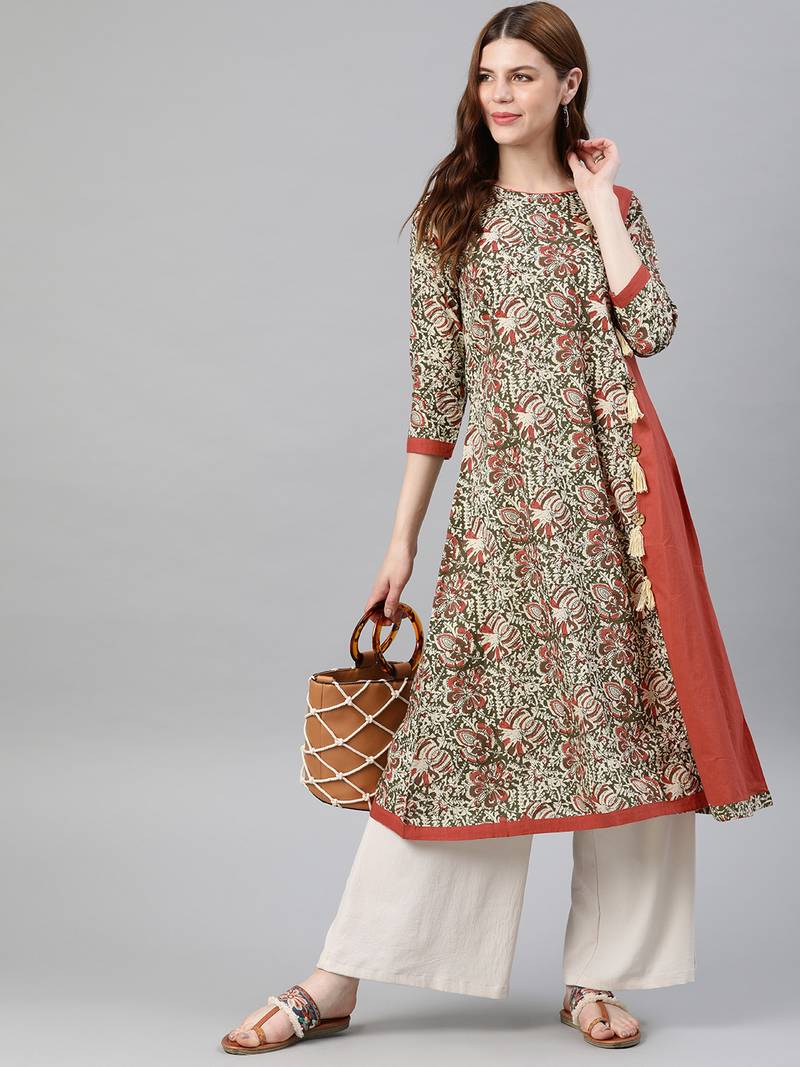 Women's Cotton A-Line Kalamkari Print Kurta (Red)