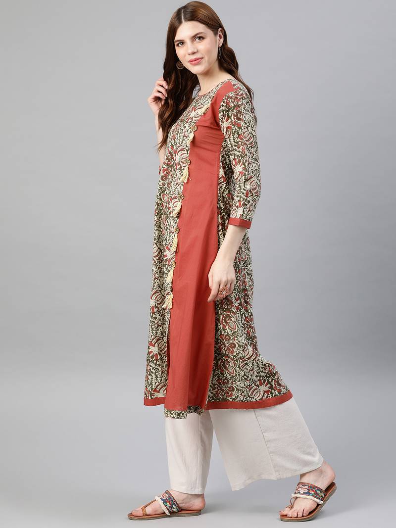 Women's Cotton A-Line Kalamkari Print Kurta (Red)