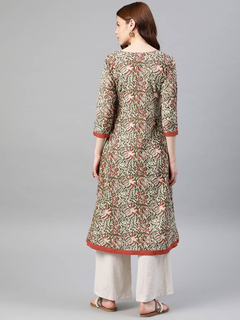 Women's Cotton A-Line Kalamkari Print Kurta (Red)