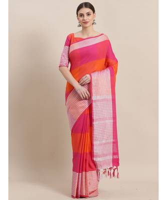 Pink woven cotton saree with blouse 1