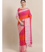 Pink woven cotton saree with blouse