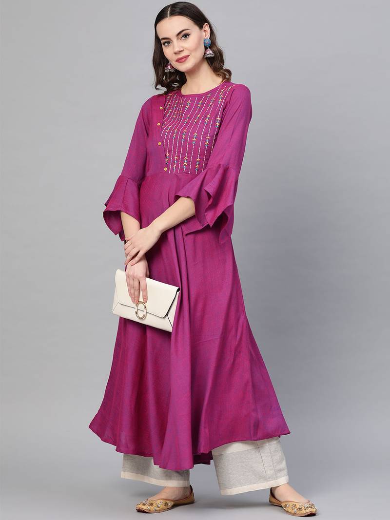 Women'S Viscose Embroidered Anarkali Kurta (Purple)