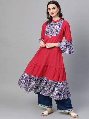 Women'S Rayon & Cotton Slub Ajrakh Print Tiered Anarkali Kurta (Pink) 1