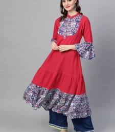 Women'S Rayon & Cotton Slub Ajrakh Print Tiered Anarkali Kurta (Pink)