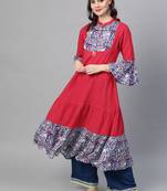 Women'S Rayon & Cotton Slub Ajrakh Print Tiered Anarkali Kurta (Pink)