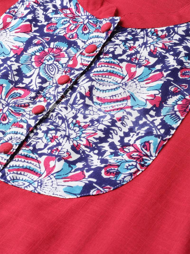 Women'S Rayon & Cotton Slub Ajrakh Print Tiered Anarkali Kurta (Pink)