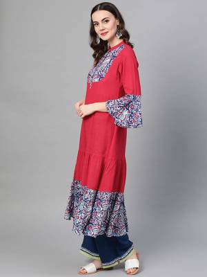 Women'S Rayon & Cotton Slub Ajrakh Print Tiered Anarkali Kurta (Pink) 3