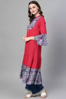 Women'S Rayon & Cotton Slub Ajrakh Print Tiered Anarkali Kurta (Pink)