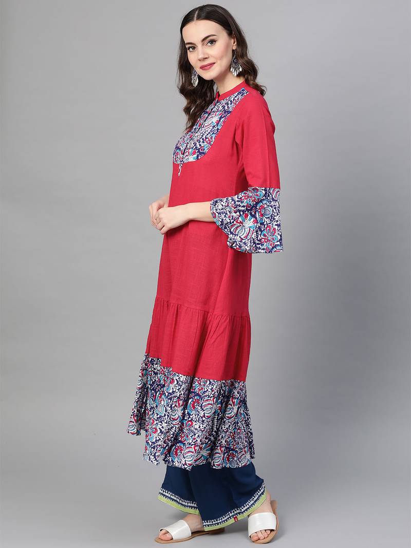 Women'S Rayon & Cotton Slub Ajrakh Print Tiered Anarkali Kurta (Pink)