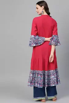 Women'S Rayon & Cotton Slub Ajrakh Print Tiered Anarkali Kurta (Pink)