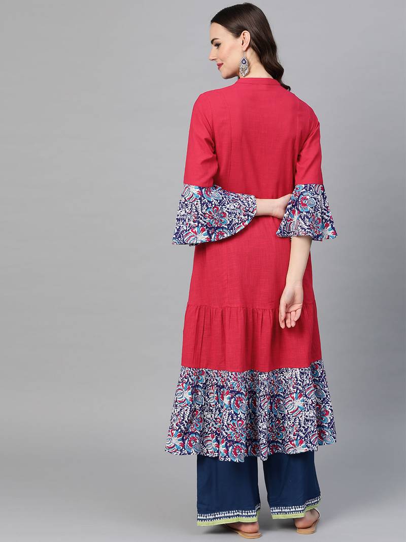 Women'S Rayon & Cotton Slub Ajrakh Print Tiered Anarkali Kurta (Pink)