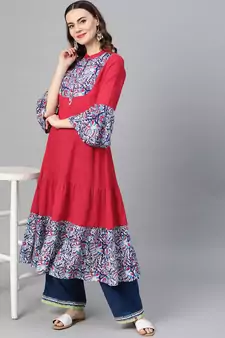 Women'S Rayon & Cotton Slub Ajrakh Print Tiered Anarkali Kurta (Pink)
