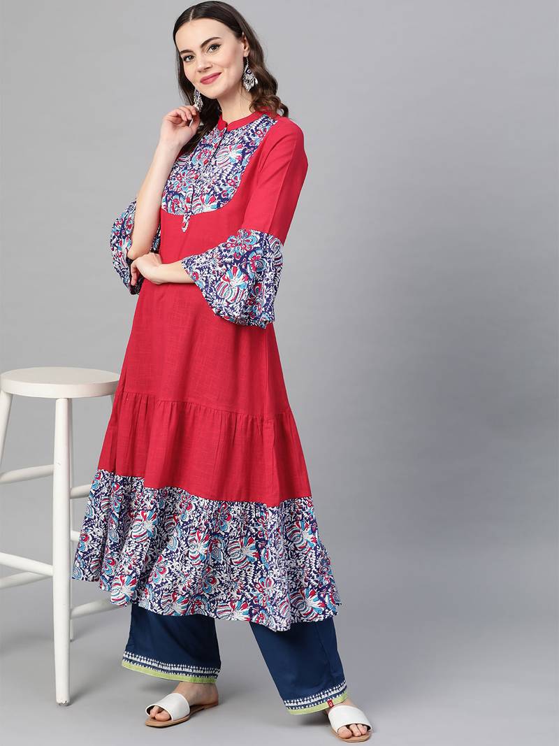Women'S Rayon & Cotton Slub Ajrakh Print Tiered Anarkali Kurta (Pink)