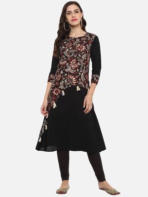 Women'S Cotton Slub A-Line Kalamkari Kurta (Black) 1