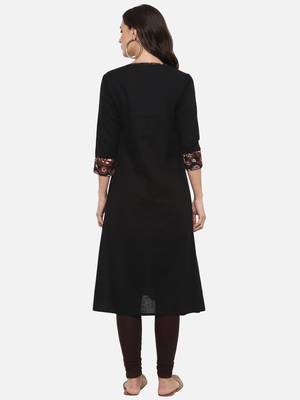 Women'S Cotton Slub A-Line Kalamkari Kurta (Black) 2