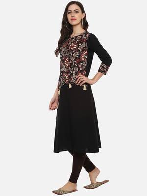 Women'S Cotton Slub A-Line Kalamkari Kurta (Black) 3