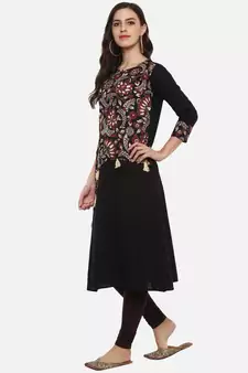 Women'S Cotton Slub A-Line Kalamkari Kurta (Black)