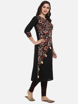 Women'S Cotton Slub A-Line Kalamkari Kurta (Black) 4