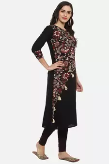 Women'S Cotton Slub A-Line Kalamkari Kurta (Black)