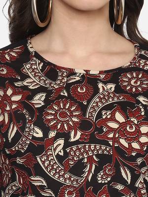 Women'S Cotton Slub A-Line Kalamkari Kurta (Black) 5
