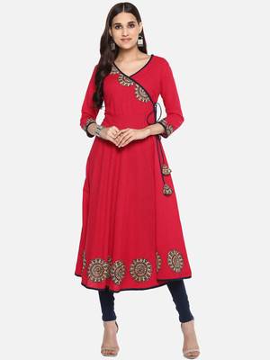 Women'S Cotton Slub Angrakha Style Anarkali Kurta (Pink) 1