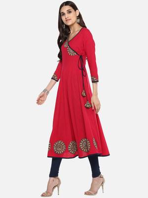 Women'S Cotton Slub Angrakha Style Anarkali Kurta (Pink) 3