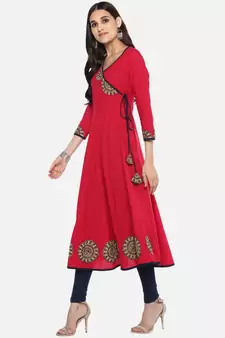 Women'S Cotton Slub Angrakha Style Anarkali Kurta (Pink)