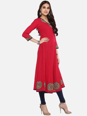 Women'S Cotton Slub Angrakha Style Anarkali Kurta (Pink) 4