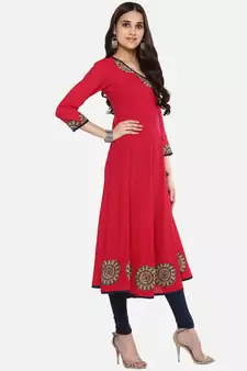 Women'S Cotton Slub Angrakha Style Anarkali Kurta (Pink)