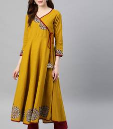 Women'S Cotton Slub Patch Work Angrakha Kurta (Mustard)