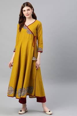 Women'S Cotton Slub Patch Work Angrakha Kurta (Mustard) 2
