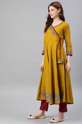 Women'S Cotton Slub Patch Work Angrakha Kurta (Mustard) 3