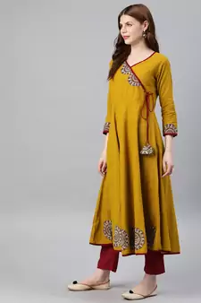 Women'S Cotton Slub Patch Work Angrakha Kurta (Mustard)