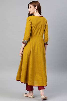 Women'S Cotton Slub Patch Work Angrakha Kurta (Mustard) 4
