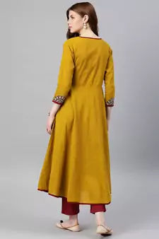Women'S Cotton Slub Patch Work Angrakha Kurta (Mustard)