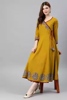 Women'S Cotton Slub Patch Work Angrakha Kurta (Mustard)