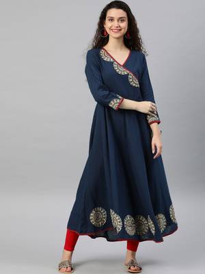 Women'S Cotton Slub Patch Work Angrakha Kurta (Blue) 1