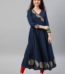 Women'S Cotton Slub Patch Work Angrakha Kurta (Blue)