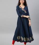 Women'S Cotton Slub Patch Work Angrakha Kurta (Blue)
