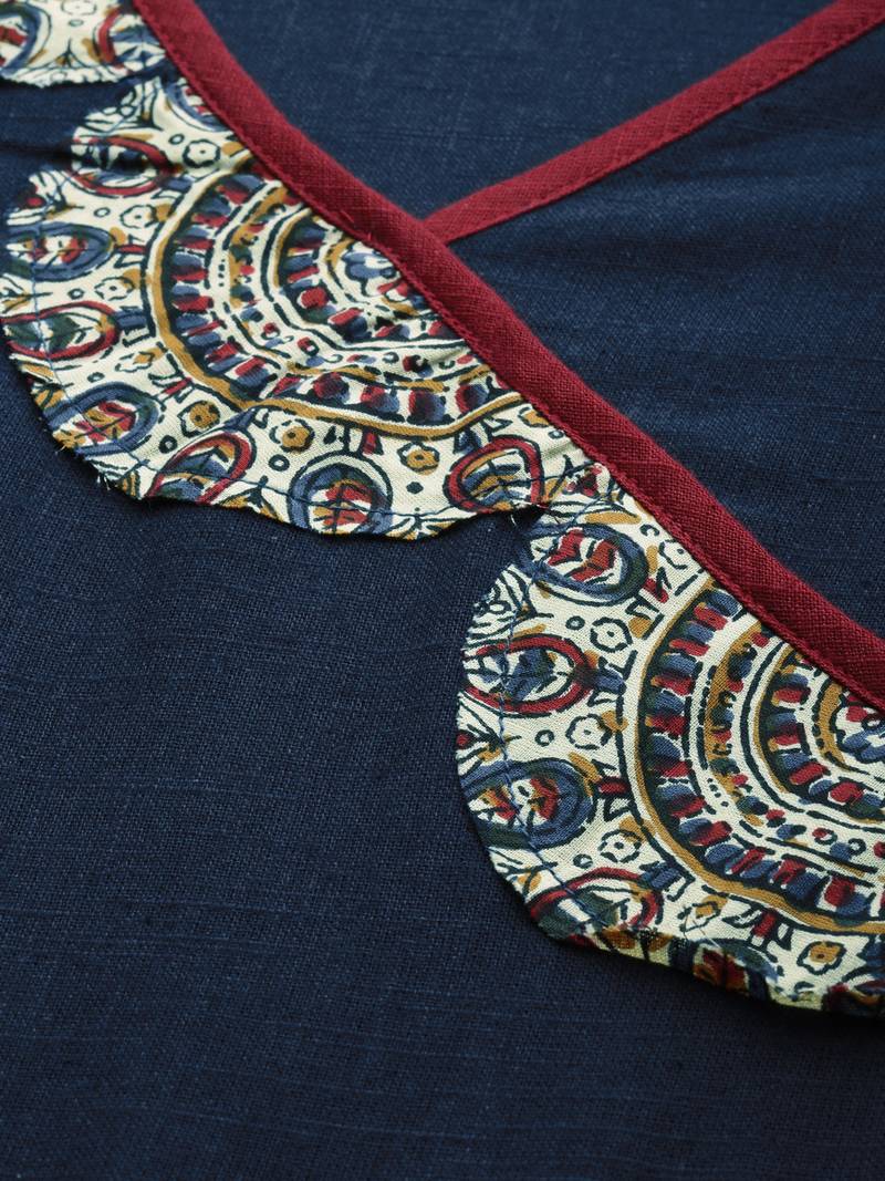 Women'S Cotton Slub Patch Work Angrakha Kurta (Blue)