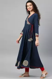 Women'S Cotton Slub Patch Work Angrakha Kurta (Blue)